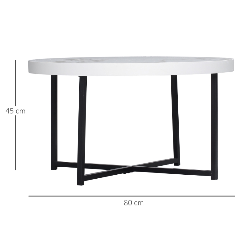 HOMCOM Mesa de Centro Mesa de Salón Redonda con Encimera Símil Mármol y Marco de Metal Estilo Moderno 80x80x45 cm Blanco