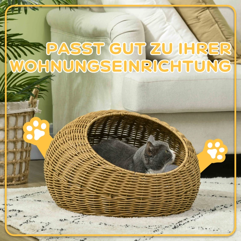 PawHut Katzenhöhle mit waschbarem Kissen, für Tiere bis 4 kg, Indoor, Kunst-Rattan, Ø50 x 31 cm, Hellbraun