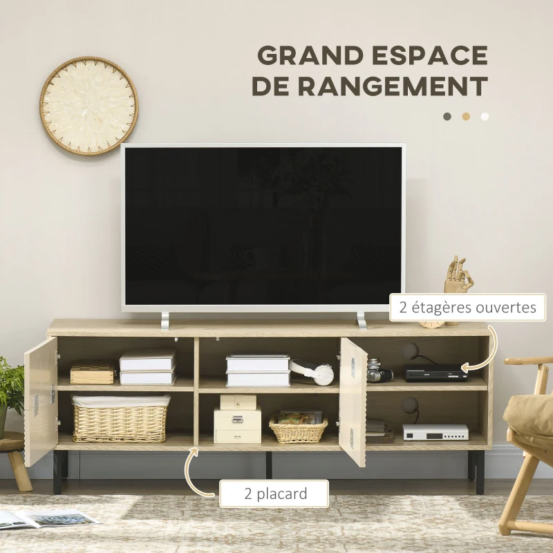 HOMCOM Meuble TV jusqu'à 65 pouces 2 niches 2 passe-câbles et 1 placard 2 portes piètement acier 150 x 40 x 56 cm jaune noir
