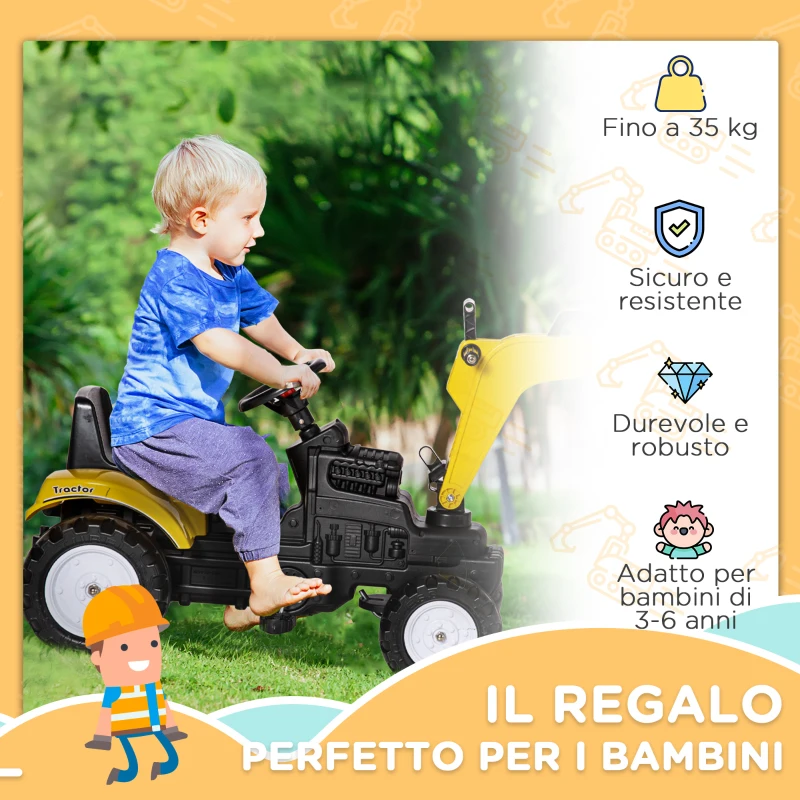 HOMCOM Ruspa Giocattolo a Pedali per Bambini 3-6 Anni con 6 Ruote, in Acciaio e Plastica, 107x42x71 cm, Giallo