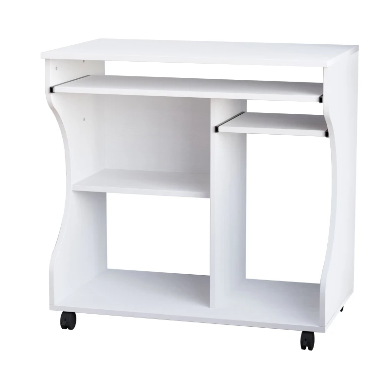 HOMCOM Schreibtisch mit Rollen 80 x 48 cm Computertisch Bürotisch mit Monitorständer, Tastaturablage, Ablage, PC Tisch für Home Office, Schlafzimmer Weiß