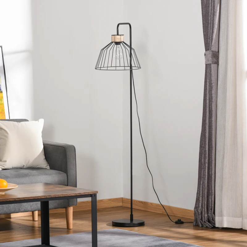 HOMCOM Lampadaire lampe à pied design élégant en métal avec décoration en rotin idéal pour maison bureau restaurant et café 44 x 34 x 154 cm noir