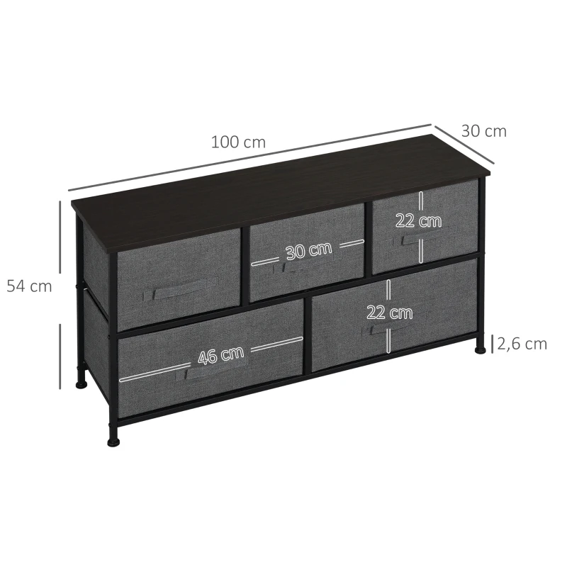HOMCOM Commode meuble de rangement 100 x 30 x 54 cm 5 tiroirs non-tissés gris foncé structure acier noir aspect bois