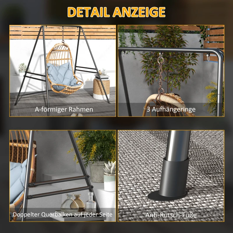 Outsunny Hängestuhlgestell, robust & wetterfest, Indoor & Outdoor, bis 150 kg, Stahl, 178 x 143 x 180 cm, Schwarz