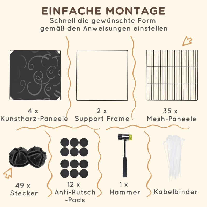 PawHut Gehege für Zwergkaninchen, 39-Paneel-Stall für kleine Haustiere, mit Rampe, für Kleintiere, Indoor, Schwarz(m-5)