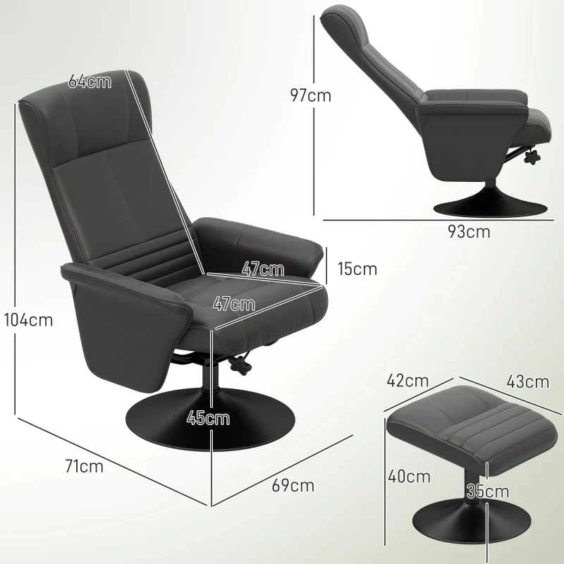 HOMCOM Polstersessel, Akzentsessel mit Hocker, drehbar, ergonomisch, Mikrofasertuchoptik, bis 150 kg, Schwarz(m-3)