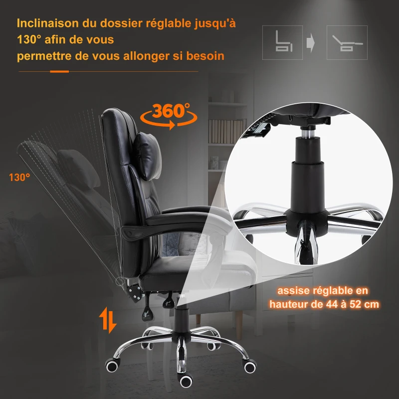 HOMCOM Fauteuil de bureau chaise pour ordinateur ergonomique appuie-tête de massage vibrant pivotant 360° réglable roulettes 64 x 63 x 113-121 cm noir