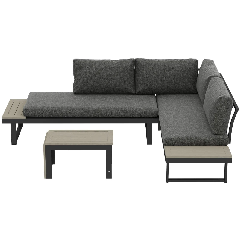 Outsunny 4 Seater L Shaped Aluminium Sectional Garden Furniture Set with 2 Loveseats and Wood-Plastic Coffee Table - Dark Grey
