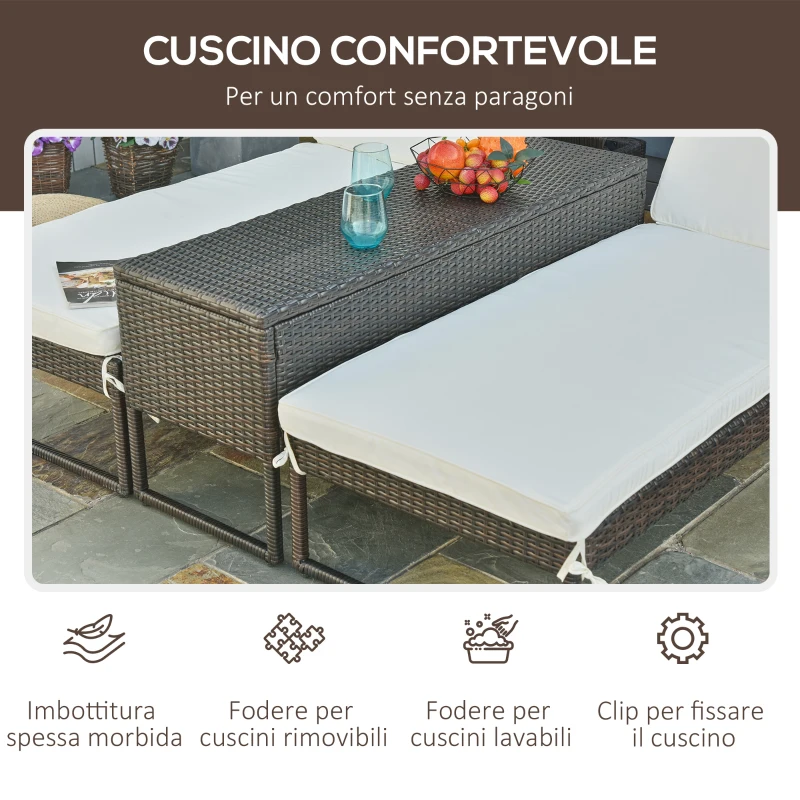 Outsunny 3pz Componibile 2 Lettino Prendisole da Giardino (60 x 195 x 86cm) e 1 Tavolino (121 x 40 x 50cm) Rattan con Materassini, Marrone e Bianco Crema