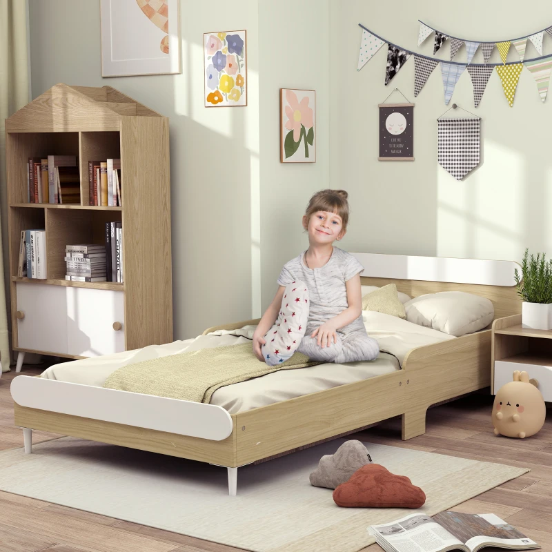 AIYAPLAY Letto per Bambini 3-10 Anni Basso con Sponde Laterali Alte, in Legno, 194.8x103x60.5 cm, Bianco e color Legno