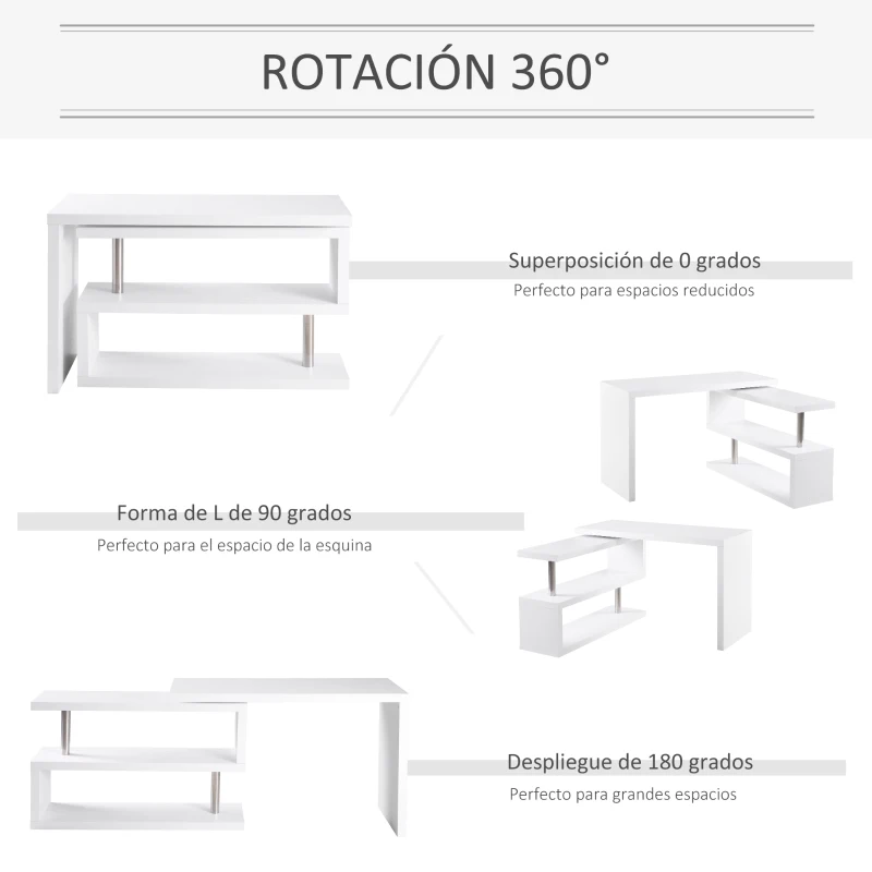 HOMCOM Escritorio Esquinero Giratorio Escritorio en L con Estantería Mesa de Escritorio con Estantes para Oficina Estudio 192x50x76,1 cm Blanco