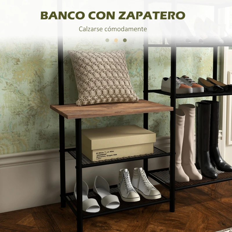 HOMCOM Perchero con Zapatero Industrial con 5 Estantes y 6 Ganchos para Colgar Bolsos Ropa 92.5x28.2x182 cm Marrón Rústico