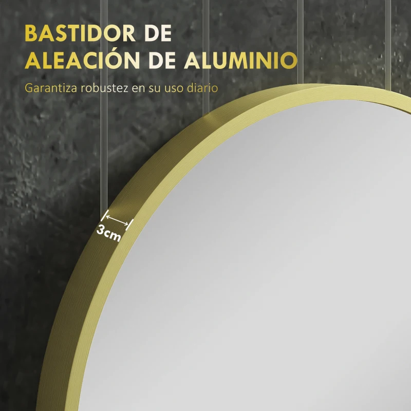HOMCOM Espejo de Baño Redondo Ø70 cm Espejo Decorativo de Pared con Marco de Aluminio y Gancho Fácil Instalación Dorado