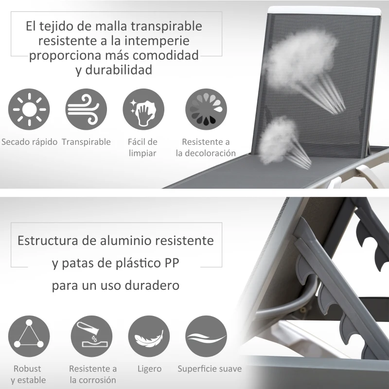 Outsunny Tumbona Reclinable de Jardín de Aluminio con Ruedas y Respaldo Ajustable en 5 Niveles Sillón Relax para Terraza Balcón Piscina 170x67,5x95 cm Gris Blanco