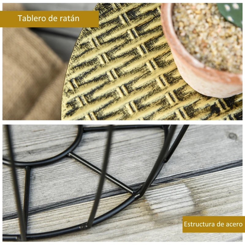 Outsunny Juego de 3 Mesas Auxiliares Apilables para Jardín de Estilo Industrial Mesas de Metal con Encimera Imitación Ratán Negro