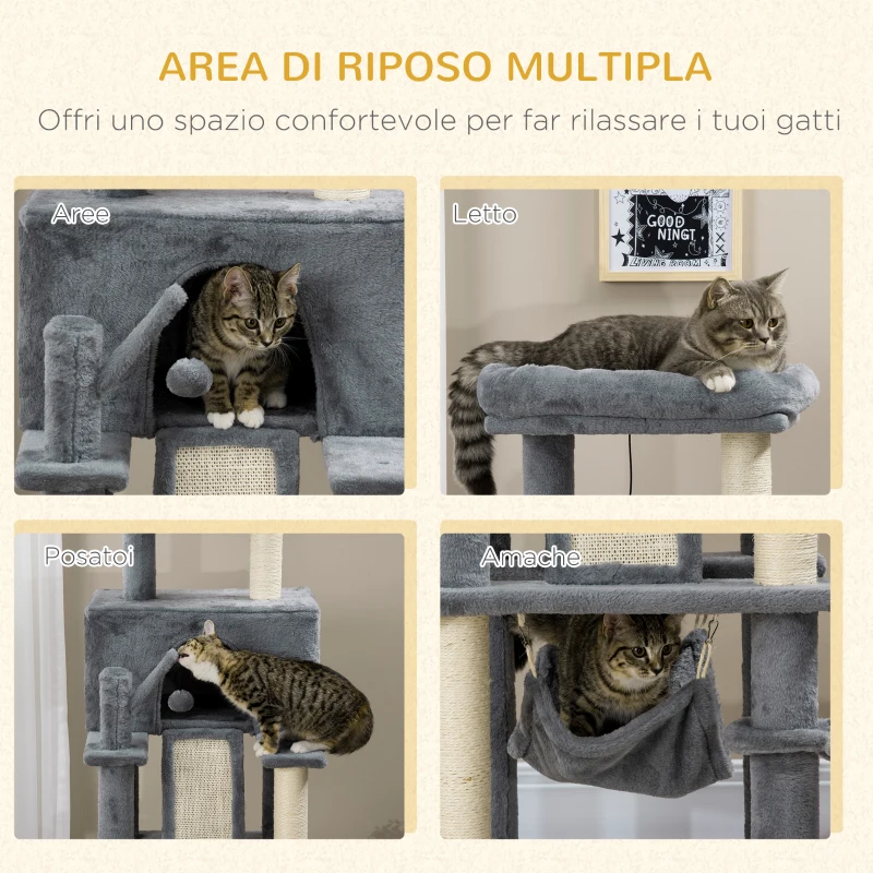 PawHut Albero Tiragraffi per Gatti con Pali in Sisal, Casetta, Lettino e Amache, 48x48x140cm, Grigio
