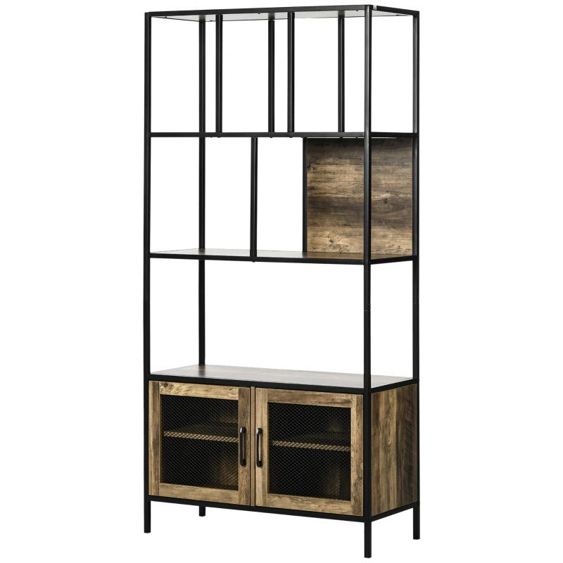 HOMCOM Estantería Industrial con 2 Puertas de Rejilla y Marco de Metal para Salón Oficina 90x33,5x180 cm Negro y Natural