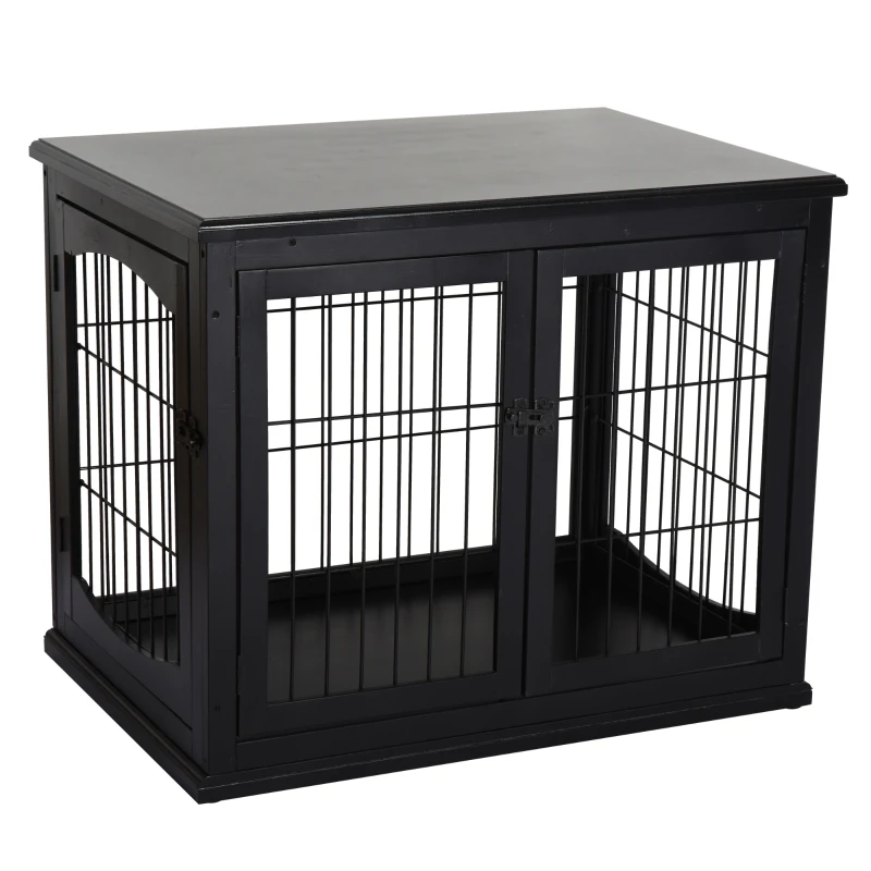 PawHut Transportbox für Hunde 58,5 cm x 81 cm x 66 cm Türen, MDF-Holz Eisen, 58, 5 cm x 81 cm x 66 cm, Schwarz