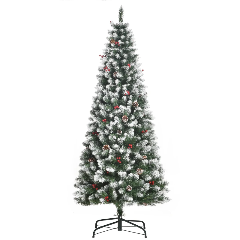 HOMCOM Albero di Natale Innevato Artificiale 180cm con Bacche Rosse e Pigne Bianche, Base Rimovibile Pieghevole, 618 Rami