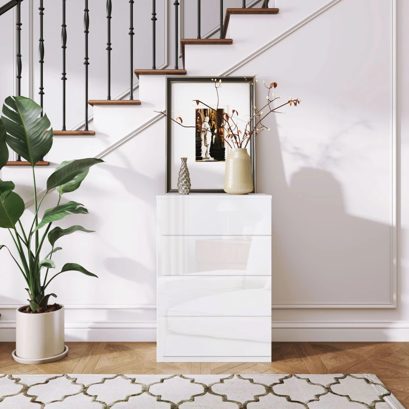 HOMCOM Cómoda con 4 Cajones Diseño Anti-vuelco Cajonera para Salón Pasillo 55x33x80 cm Blanco Brillante(m-6)