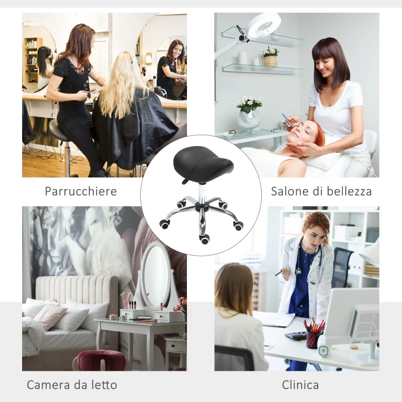 HOMCOM Sgabello da Lavoro a Sella con Ruote e Altezza Regolabile per Negozi Parrucchiere e Tattoo, 52x53x49-61cm Nero