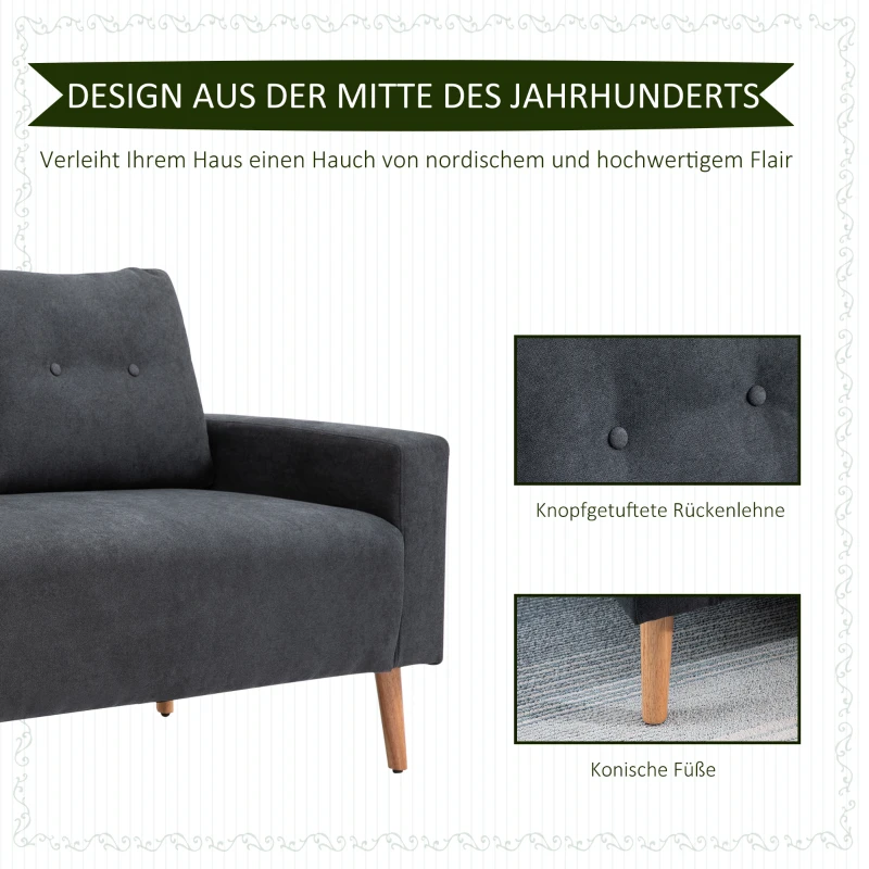 HOMCOM Sofa, 2-Sitzer, skandinavisches Design, hoher Komfort Relaxsessel mit Armlehne, Gummiholzbeine, Dunkelgrau, 145x76x88 cm