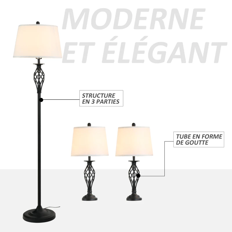 HOMCOM Lot de 3 luminaires design contemporain - lampadaire sur pied + 2 lampes de tables - métal noir polyester coton blanc