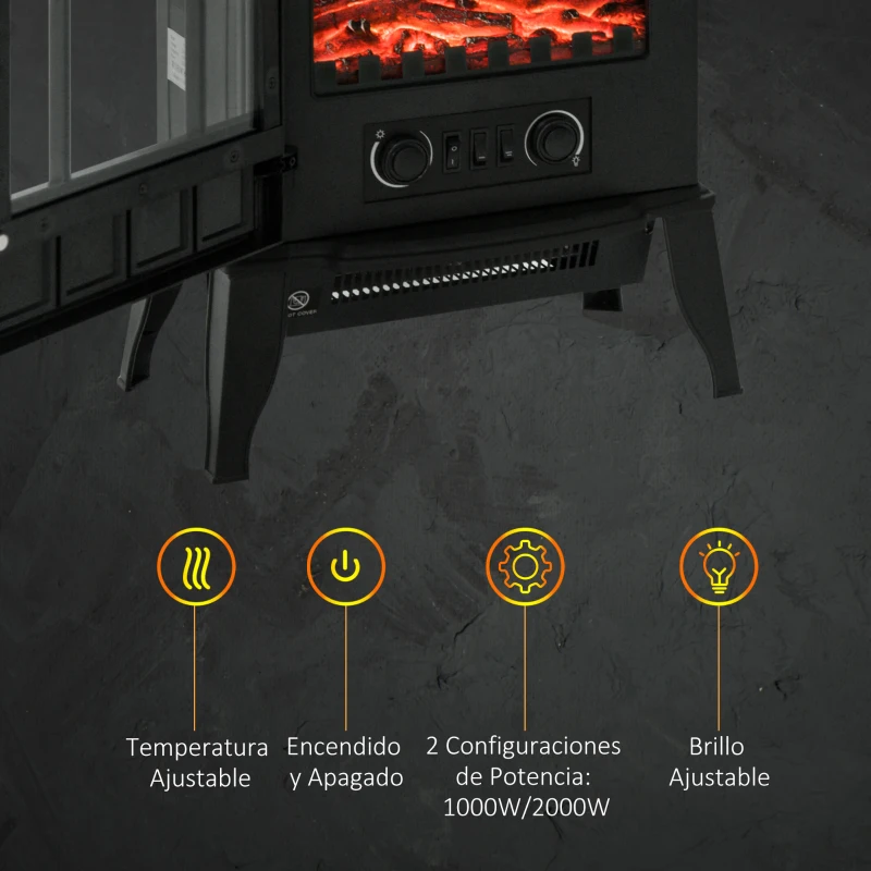 HOMCOM Chimenea Eléctrica 1000W/2000W Efecto de Llama Temperatura Ajustable y Protección Sobrecalentamiento para 15-30 ㎡ Negro