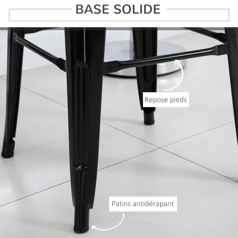 HOMCOM Lot de 4 tabourets de Bar Empilable Chaise de Bar Industriel avec Repose-Pied Hauteur d'Assise 76 cm, cadre en métal, style rétro, pour salle à manger, balcon, bistrot ou bar, Noir
