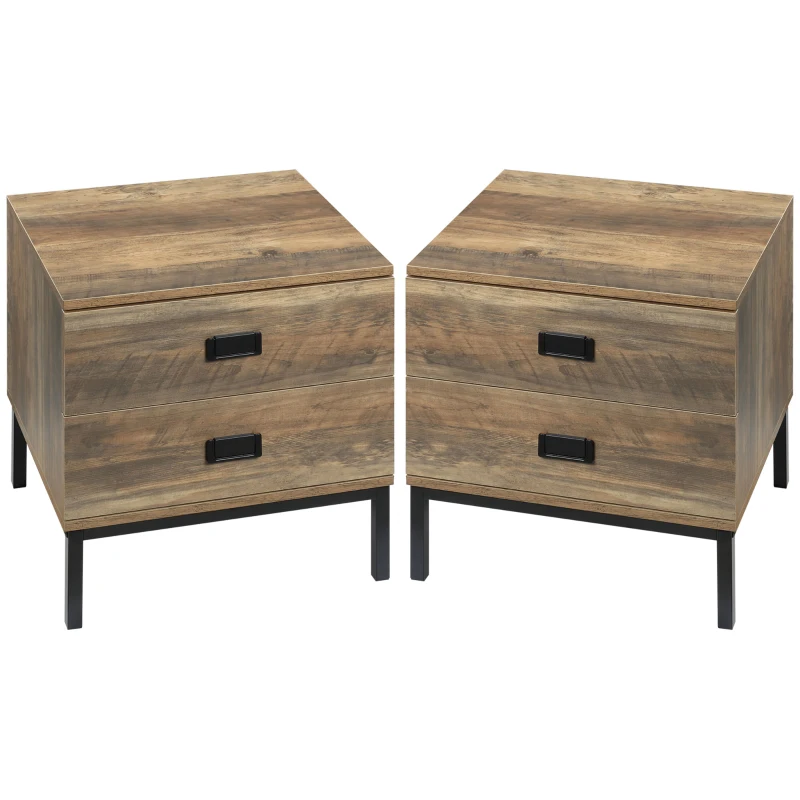 HOMCOM Retro Bedside Table, End Side Table with 2 Drawers, Metal Frame for Bedroom, Living Room, Set of 2, Coffee