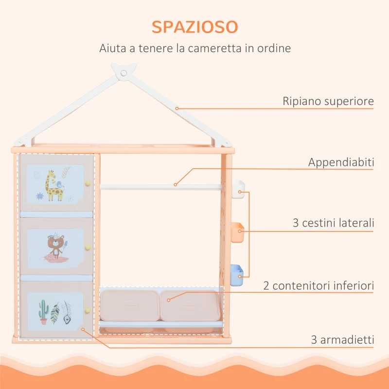 HOMCOM Armadio Cameretta, Mobile Portagiochi con Contenitori e Appendiabiti in PE Arancione, 128x34x155cm