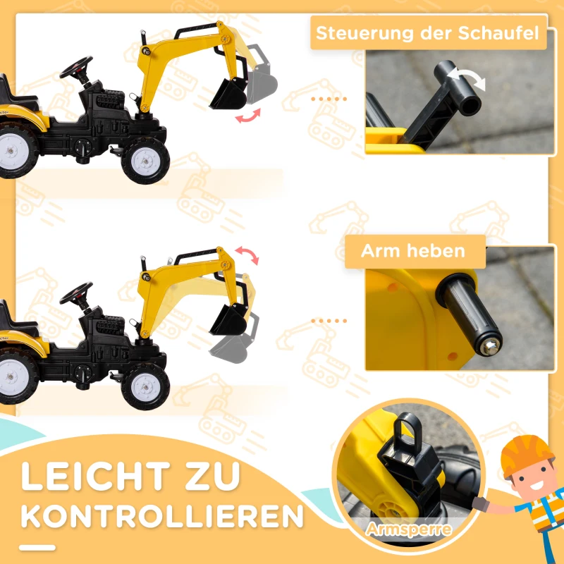 HOMCOM Kinderbagger, beweglicher Baggerarm & Schaufel, koppelbarer Anhänger, Stahlrahmen, gelb, 163 x 42 x 71cm