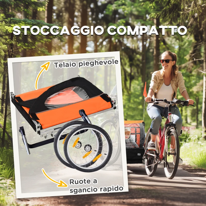 HOMCOM Rimorchio Bici Bambini con 2 Posti, 2 Cinture di Sicurezza, Telaio in Acciaio e Copertura in Tessuto Oxford Arancione