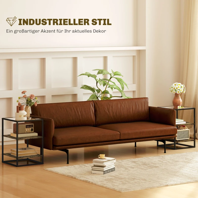 HOMCOM 2er-Set Beistelltische mit Glasplatte, 3-stufiges Design, Metallrahmen, für Wohnzimmer, Schlafzimmer, Braun