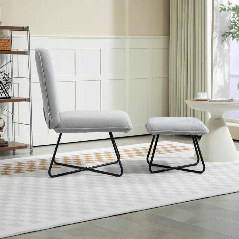 HOMCOM Butaca con Reposapiés Sillón para Lectura con Patas de Acero en Forma de Cruz Gris Claro