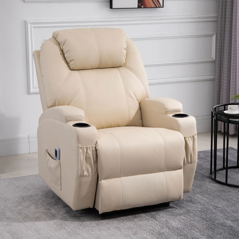 HOMCOM Fernsehsessel Elektrisch Relaxsessel mit Liegefunktion Aufstehhilfe Massage Massagesessel mit verstellbar Rückenlehne Seitentasche Getränkehalter TV Sessel bis 160kg für Wohnzimmer Cremeweiß