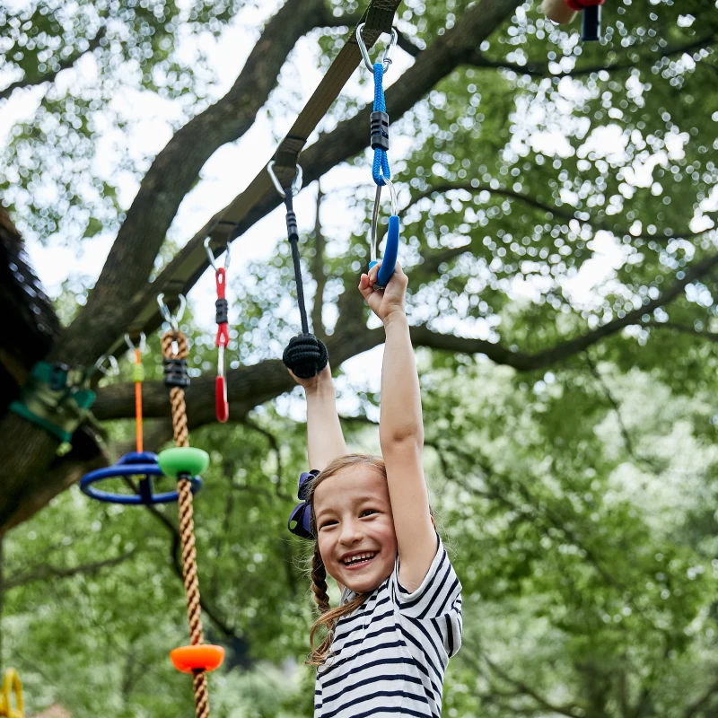 Outsunny Obstacle Course for Kids 46FT Slackline Kit with Rings Monkey Bars Fist Swing Climbing Rope Carry Bag Tree Protectors Training Equipment for Backyard