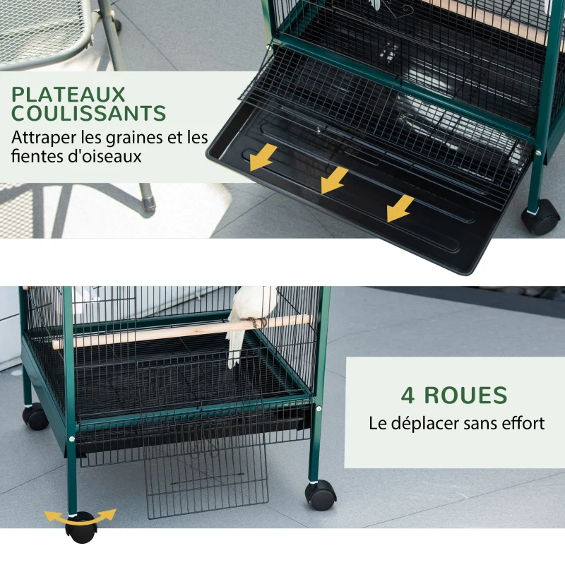 PawHut Grande Cage à Oiseaux sur pied double avec mangeoires perchoirs plateau amovible roulettes - Dim. 51,5L x 50l x 140H cm