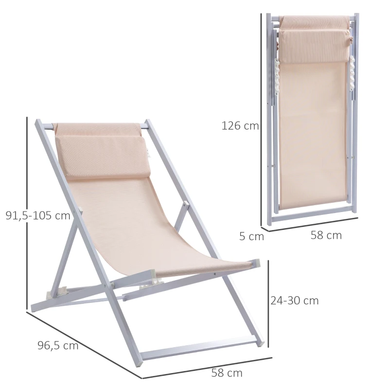 Outsunny Conjunto de 2 Tumbonas Plegables con Respaldo Regulable y Reposacabezas Acolchado 58x96,5x91,5 cm Beige
