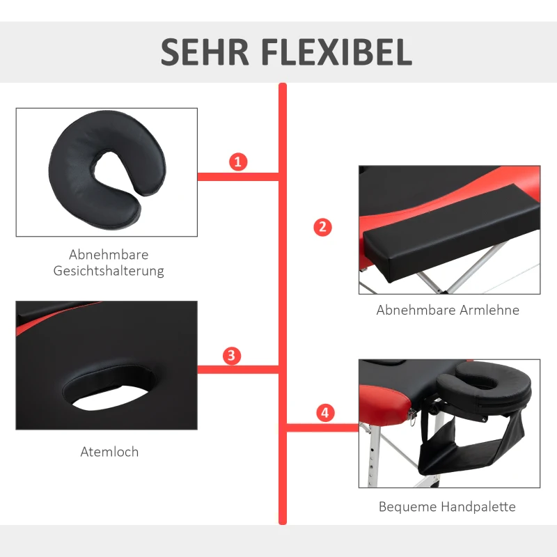 HOMCOM Mobile Massageliege 3 Zonen Klappbar Massagetisch mit Kopfstütze Armlehne Tragetasche höhenverstellbare Aluminium Massagebett tragbar inkl. Zubehör Massagebank bis 225 kg Belast Rot