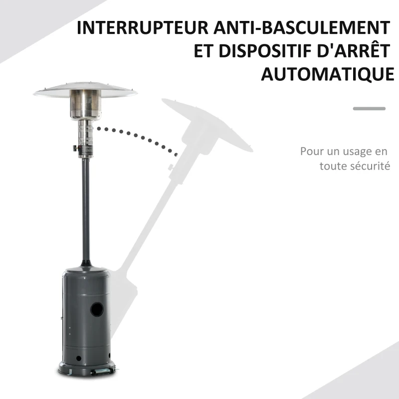Outsunny Parasol Chauffant Commercial 12,5 KW - Chauffage d'extérieur gaz 30 m² - Chauffage de terrasse - Double sécurité - Puissance réglable - roulettes - Acier INOX. Gris