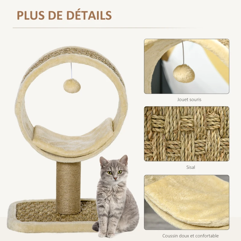 PawHut Arbre à chat en cercle avec griffoir en jute et jouet de souris coussin en peluche doux en panneaux de particules 40 x 30 x 56 cm kaki beige café