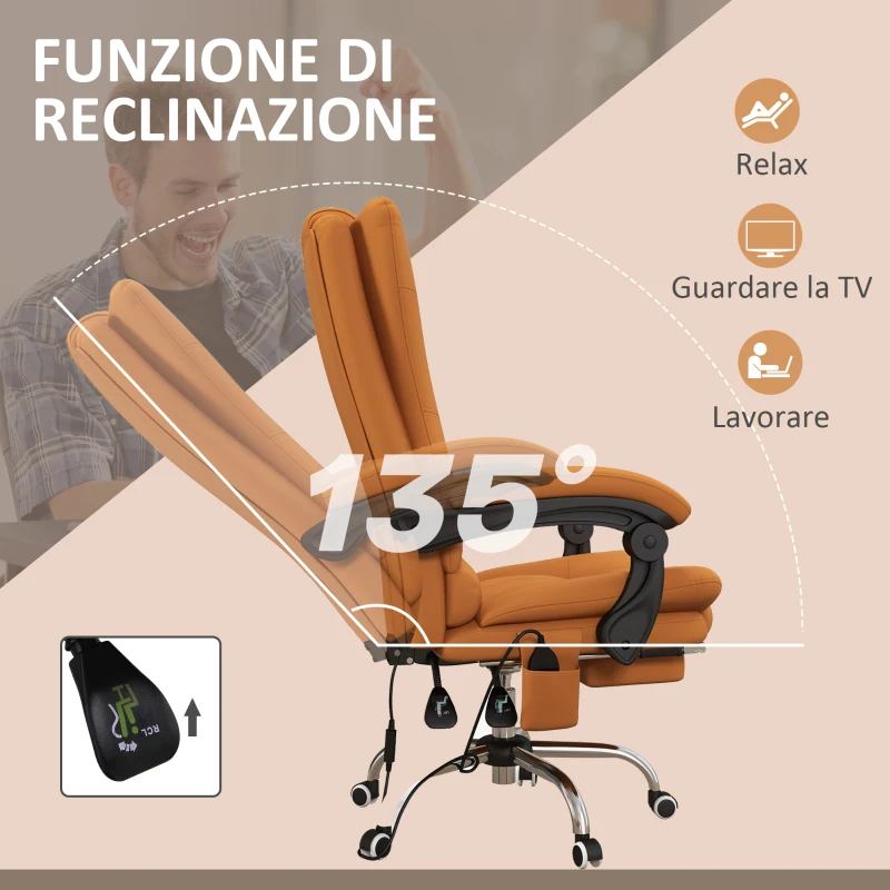 Vinsetto Poltrona da Ufficio Massaggiante e Riscaldata, Reclinabile con Poggiapiedi, Finta Pelle Marrone Chiaro