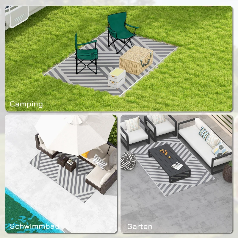 Outsunny Outdoor Wendeteppich, wasserfest, gestreift, 182x274cm, Grau/Creme