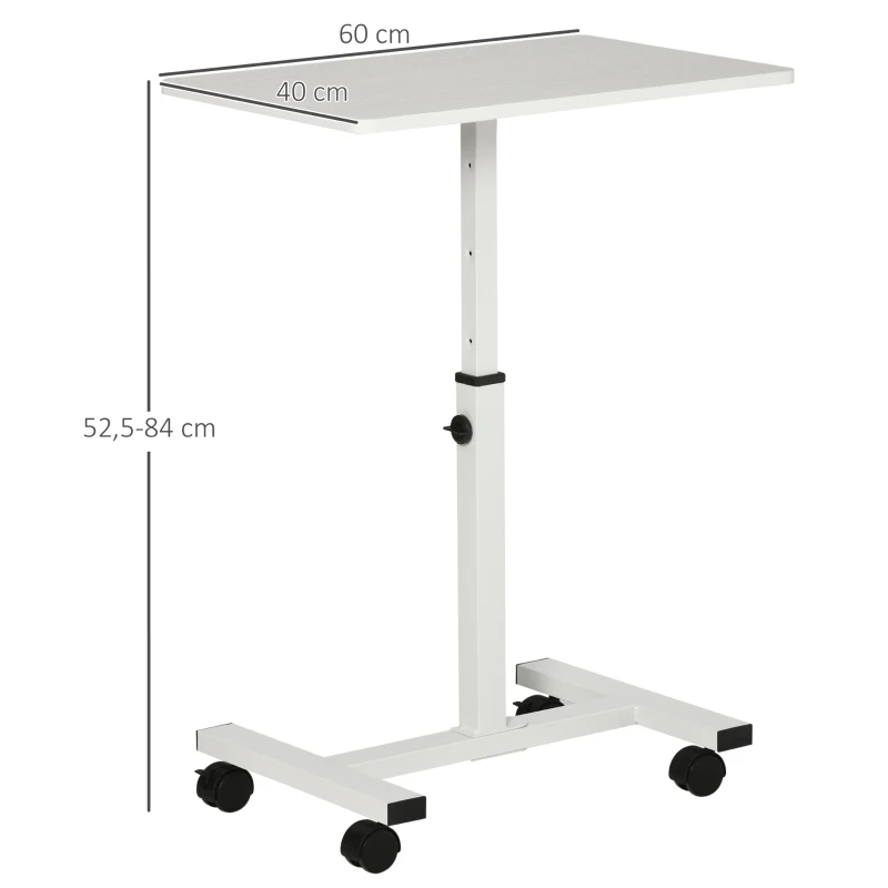 HOMCOM Mesa Auxiliar con Ruedas Mesita Lateral para Sofá Cama Altura Ajustable Marco de Metal y Frenos 60x40x52,5-84 cm Blanco