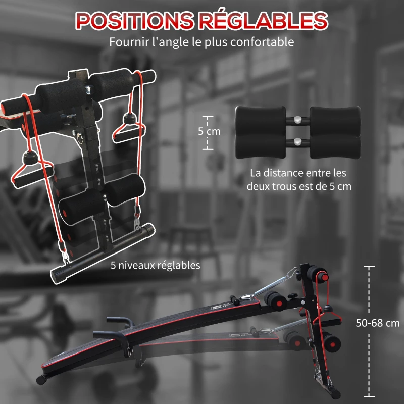 HOMCOM Banc de musculation appareil à abdo hauteur réglable 137,5L x 55,5l x 50-68H cm 2 bandes de résistances + ressort central traction acier noir rouge