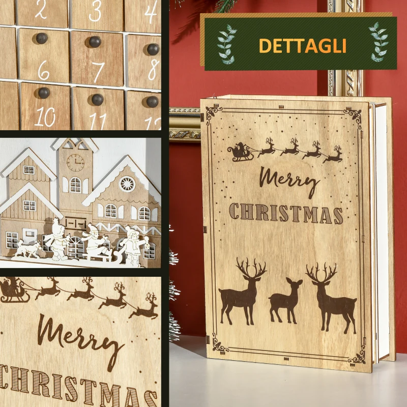 HOMCOM Calendario Avvento di Natale in Legno a forma di Libro con Temi natalizi, 22x7x32 cm, Bianco e color Legno