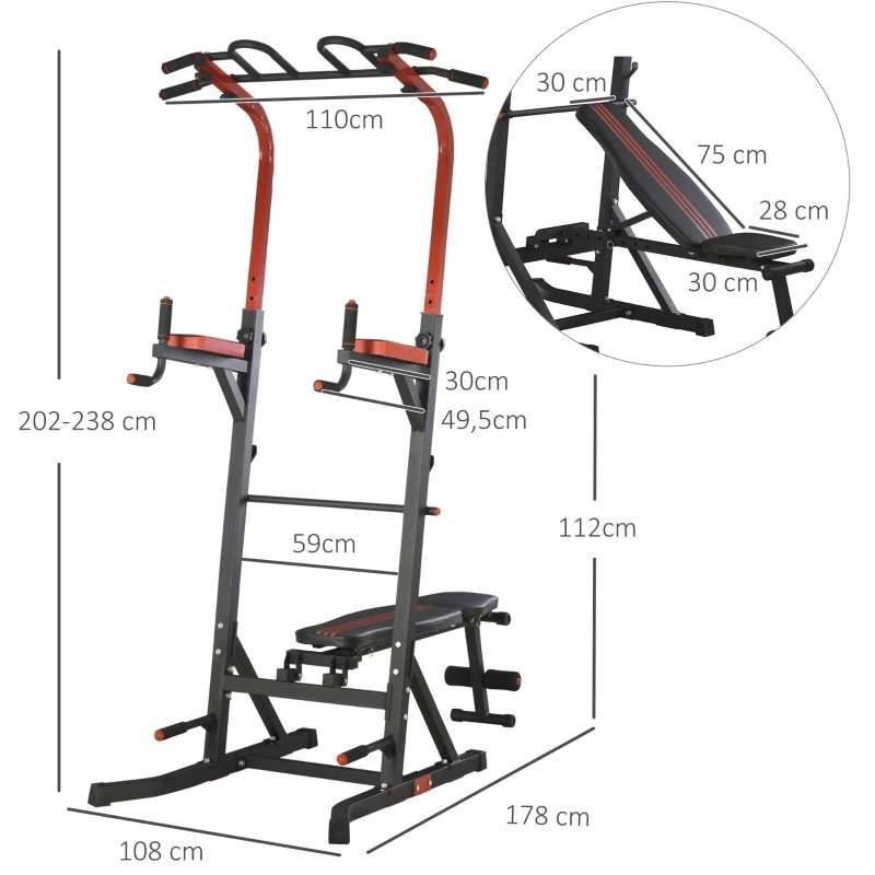 HOMCOM Estación de Musculación Torre de Entrenamiento con Altura Ajustable y Respaldo Regulable en 5 Posiciones Barra de Dominadas Fitness Flexiones Acero 108x178x202-238 cm Negro