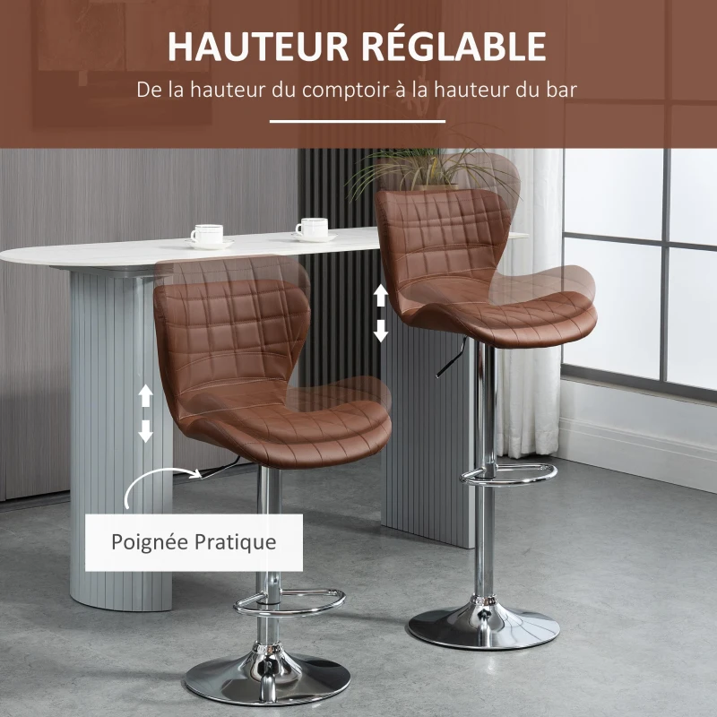 HOMCOM Lot de 2 Tabourets de Bar Design Contemporain Hauteur d'assise réglable 59-81 cm pivotant 360° PU marron