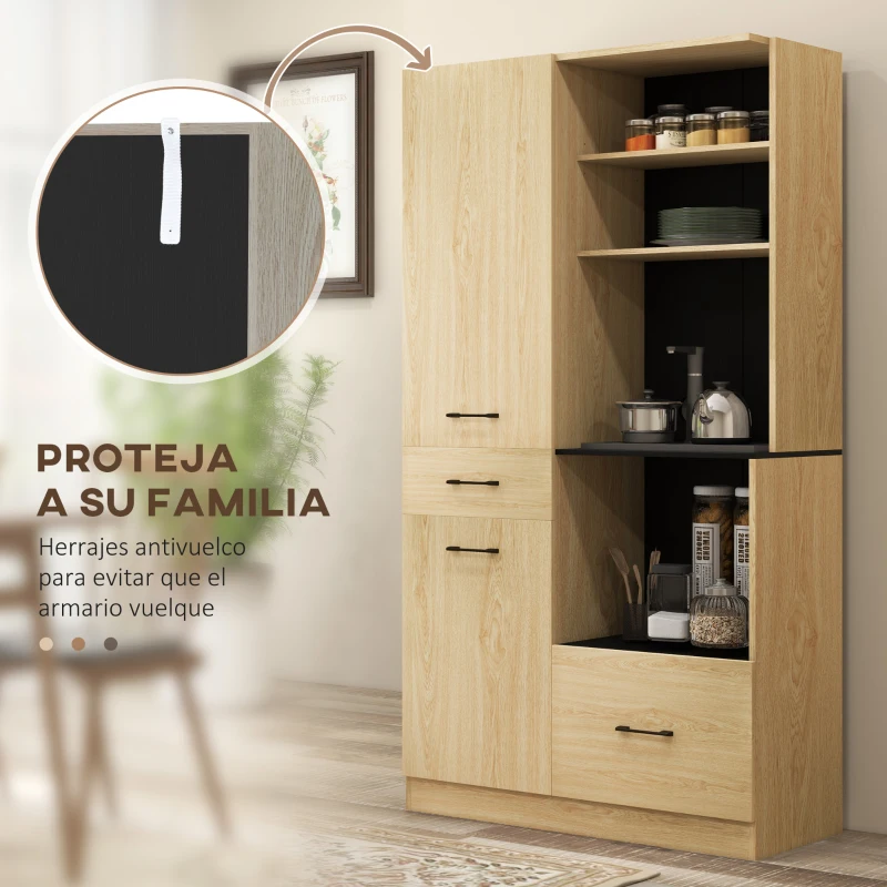 HOMCOM Armario de Cocina con 2 Cajones 2 Armarios 4 Estantes Abiertos Estilo Moderno 90x40x170 cm Roble y Negro